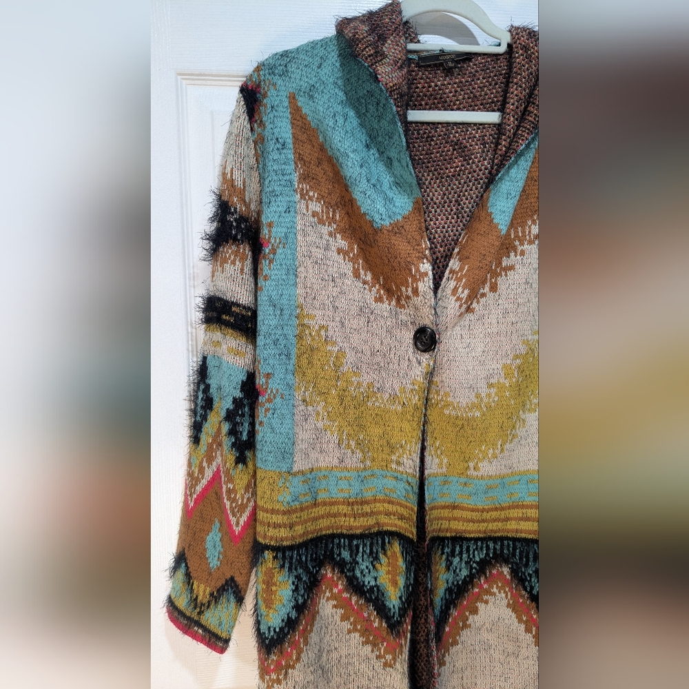 Maxsport Hooded Long Eyelash Tribal Aztec Duster Women’s Cardigan Sweater - Picture 3 of 7